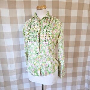 Vtg 70s KARMAN Western Floral Pearl Snap Ruffle Tuxedo Bib Front Cowgirl Shirt S